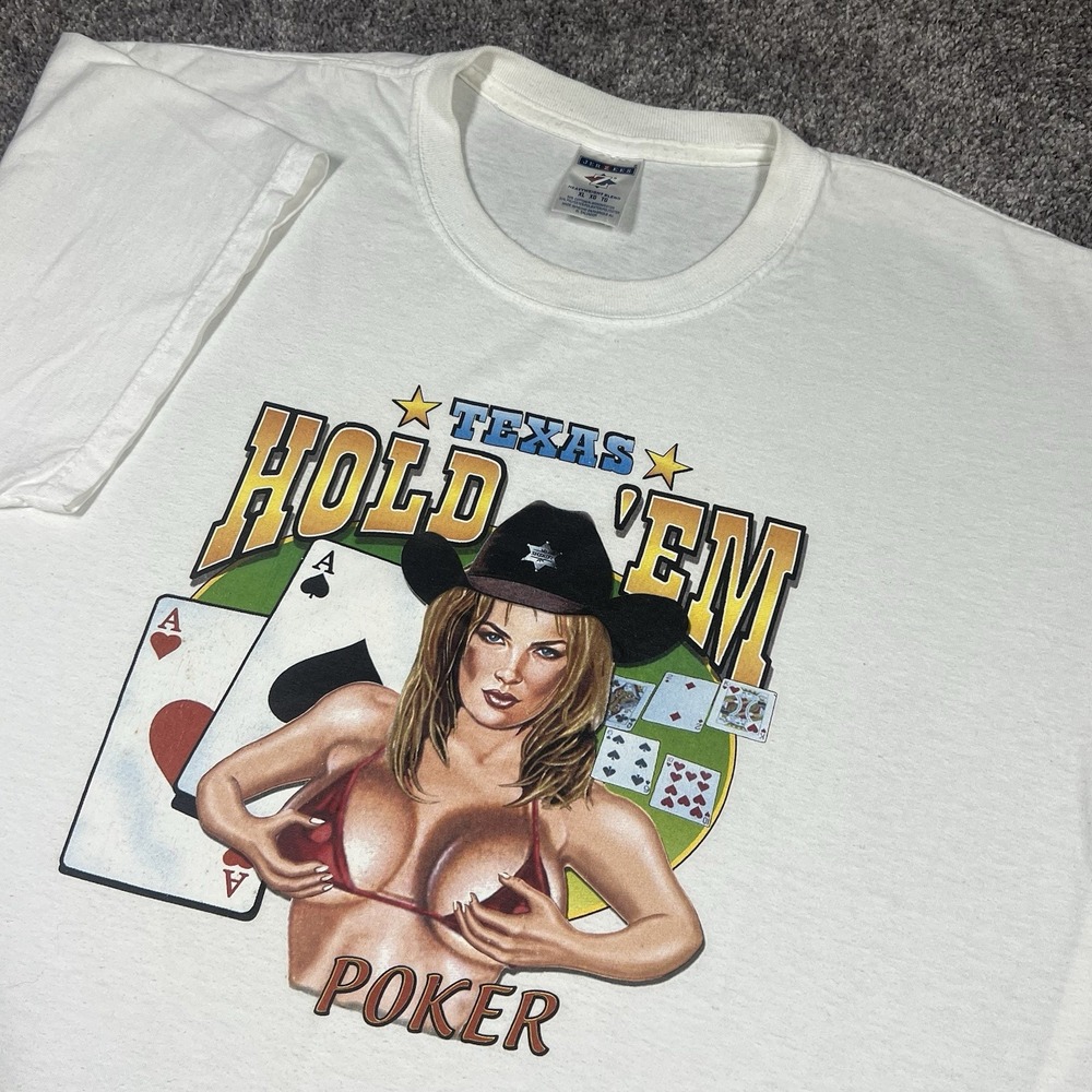 Vintage Pin Up Girl Poker T Shirt XL Texas Hold Em NSFW Humor Sex Y2K Cowboy Tee